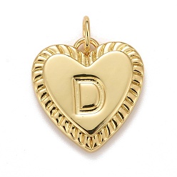 Letter D Rack Plating Real 18K Gold Plated Brass Pendants, with Jump Rings, Long-Lasting Plated, Lead Free & Cadmium Free & Nickel Free, Heart with Letter A~Z, Letter.D, 16x15x2.5mm, Jump Ring: 5x0.5mm, 3mm Inner Diameter