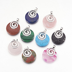 Mixed Stone Natural & Synthetic Gemstone Pendants, with Platinum Tone Brass Findings, Flat Round, 32x28x6mm, Hole: 4x5mm