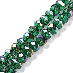 Green Transparent Electroplate Glass Beads Strands, Faceted, Rondelle, Half Rainbow Plated, Green, 7.5~8x6.5~7mm, Hole: 1.4mm, about 65pcs/strand, 16.77 inch(42.6cm)