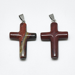 Red Rainbow Jasper Natural Red Rainbow Jasper Pendants, with Stainless Steel Snap On Bails, Cross, Stainless Steel Color, 44~46x28x8mm, Hole: 3~4x7~8.5mm