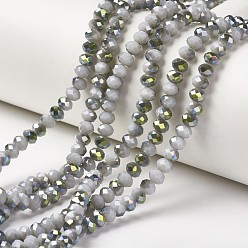 Light Grey Electroplate Opaque Glass Beads Strands, Half Green Plated, Faceted, Rondelle, Light Grey, 8x6mm, Hole: 1mm, about 65~68pcs/strand, 15.7~16.1 inch(40~41cm)