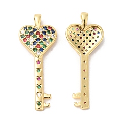 Real 16K Gold Plated Brass Micro Pave Cubic Zirconia Pendants, Heart Key, Real 16K Gold Plated, 35x13.5x4.5mm, Hole: 3.5x2.5mm