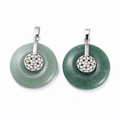 Green Aventurine Natural Green Aventurine Pendants, with Platinum Tone Brass Findings, Donut/Pi Disc with Flower, 35.5x30x8.5~9.5mm, Hole: 4.5x6.5mm