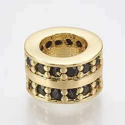 Golden Brass Micro Pave Cubic Zirconia Beads, Large Hole Beads, Column, Black, Golden, 8.5x5.5mm, Hole: 5mm