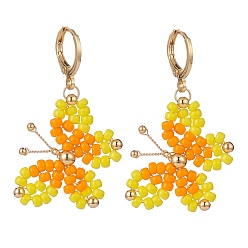 Orange Glass Braided Butterfly Dangle Leverback Earrings, Gold Plated Brass Wire Wrap Jewelry for Women, Orange, 42mm, Pin: 0.9mm