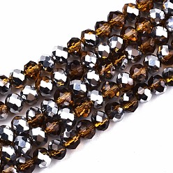 Saddle Brown Electroplate Glass Beads Strands, Half Platinum Plated, Faceted, Rondelle, Saddle Brown, 4x3mm, Hole: 1mm, about 123~127pcs/strand, 16.5~16.9 inch(42~43cm)