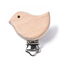 Bois Solide Clips porte-sucette bébé en bois de hêtre, avec des clips de fer, oiseau, platine, burlywood, 47x44x18mm, Trou: 3.5x6mm, oiseau: 33~36x42 mm