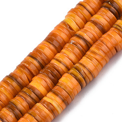 Dark Orange Natural Freshwater Shell Beads Strands, Dyed, Heishi Beads, Flat Round/Disc, Dark Orange, 8x1~2.5mm, Hole: 0.8mm, about 196~210pcs/strand, 15.16 inch~15.43 inch(38.5cm~39.2cm)