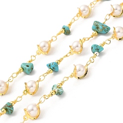 Natural Turquoise Handmade Natural Turquoise Chip Beaded Chains, Real 18K Gold Plated Brass Glass Link Chains, Soldered, with Spool, Cadmium Free & Lead Free, Bead link: 12.5x8x6mm, Gemstone Chip: 16~19x8.5~10x5~6.5mm