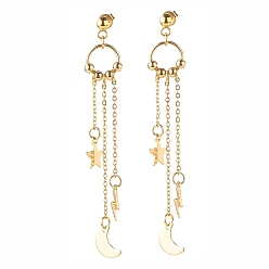 Golden 304 Stainless Steel Star & Moon & Lighting Bolt Dangle Stud Earrings, Long Drop Earrings for Women, Golden, 65mm, Pin: 0.8mm