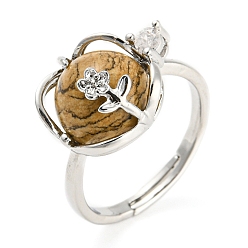 Пейзажный Джаспер Регулируемое кольцо из яшмы с натуральным изображением, круглое и цветочное, платиновое латунное кольцо с хрустальными стразами, внутренний диаметр: 18 мм