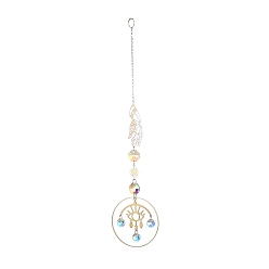 Evil Eye Brass Big Pendant Decorations, Hanging Suncatchers, with Octagon Glass Beads and Iron Findings, for Home Window Decoration, Hand & Sun, Evil Eye, 270mm