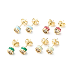 Mixed Color Column Cubic Zirconia Stud Earrings with Enamel, Real 18K Gold Plated Brass Earrings for Women, Cadmium Free & Nickel Free & Lead Free, Mixed Color, 14.5x5mm, Pin: 0.6mm
