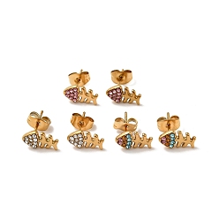 Mixed Color Rhinestone Fishbone Stud Earrings with 316 Surgical Stainless Steel Pins, Gold Plated 304 Stainless Steel Jewelry for Women, Mixed Color, 10.5x6mm, Pin: 0.7mm