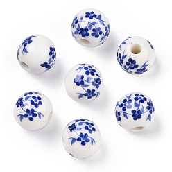 Azul Cuentas de porcelana hechas a mano, porcelana azul y blanca, redondo con flor, azul, 10 mm, agujero: 2 mm