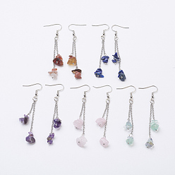 Mixed Stone Natural Gemstone Chip Dangle Earrings, with 316 Surgical Stainless Steel Cable Chains and Brass Earring Hooks, 74mm, pin: 0.6mm
