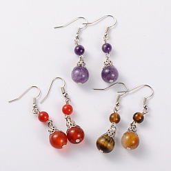 Mixed Stone Natural Gemstone Dangle Earrings, with Iron Bead Caps and Brass Earring Hooks, Platinum, Mixed Stone, 47mm, Pin: 0.7mm