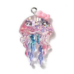 Jellyfish Pendentifs en résine transparente sur le thème de l'océan, Breloques animaux marins avec paillette et boucles en fer ton platine, méduses, 36x21x7.5mm, Trou: 2mm
