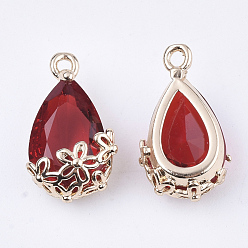 Red Transparent Glass Pendants, for DIY Jewelry Making, with Brass Findings, Faceted, teardrop, with Flower, Light Gold, Red, 16x9x6mm, Hole: 1.2mm