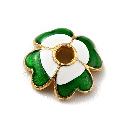 Green 4-Petal Alloy Enamel Bead Caps, Cadmium Free & Lead Free, Golden, Flower, Green, 7.5x7.5x2mm, Hole: 1.4mm