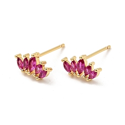 Deep Pink Cubic Zirconia Oval Stud Earrings, Real 18K Gold Plated Brass Jewelry for Women, Cadmium Free & Nickel Free & Lead Free, Deep Pink, 5.5x10mm, Pin: 0.7mm
