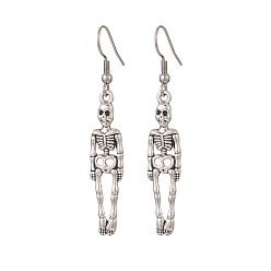 Antique Silver & Stainless Steel Color Skeleton Tibetan Style Alloy Dangle Earrings, 304 Stainless Steel Jewelry for Women, Antique Silver & Stainless Steel Color, 56mm, Pin: 0.8mm