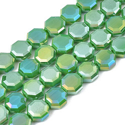Verdemar Electroplate opacas de color sólido de cuentas de vidrio de filamentos, color de ab chapado, medio chapado, facetados, octágono, verde mar, 7~8x7~8x4 mm, agujero: 1.2 mm, sobre 72 unidades / cadena, 20.47 pulgada (52 cm)