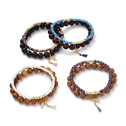 Mixed Stone Feather & Tassel Charm Bracelets Set, Natural Wood & Mixed Stone Round Beads Bracelets for Girl Women, Golden, Inner Diameter: 2-1/4 inch(5.7~5.8cm), 2pcs/set