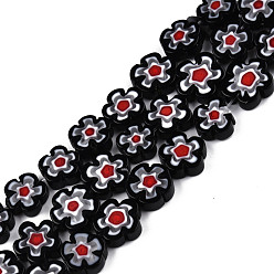 Negro Hilos de perlas de vidrio millefiori artesanal, seno de ciruela, negro, 9.5~12x9.5~12.5x4~4.5 mm, agujero: 1.5 mm, sobre 39 unidades / cadena, 15.94 pulgada ~ 16.14 pulgada (40.5~41 cm)
