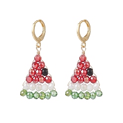 Colorful Glass Braided Beaded Watermelon Dangle Leverback Earrings, Brass Wire Wrap Jewelry for Women, Colorful, 40mm, Pin: 0.8mm