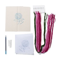 Fleur Kit de fabrication de bricolage brodé, y compris toile de lin, fil de coton, recharges de stylos effaçables à l'eau, aiguille de fer, motif de fleur, 25x25x0.01 cm
