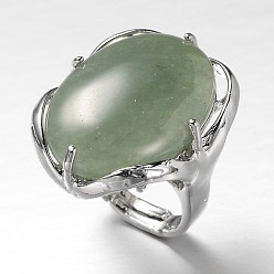 Green Aventurine Adjustable Oval Brass Natural Green Aventurine Wide Band Rings, 17mm, Tray: 28x22mm