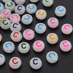 Letter C Acrylic Beads, Glow in the Dark, with Enamel and Luminous, Horizontal Hole, Flat Round with Alphabet, Letter.C, 6.5x7x4mm, Hole: 1.6mm, about 3600pcs/500g