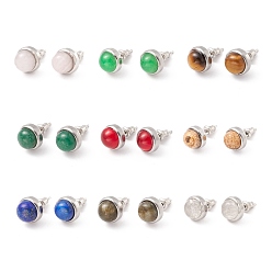Mixed Stone Natural Gemstone Half Round Stud Earrings, 304 Stainless Steel Jewelry for Women, Stainless Steel Color, 10mm, Pin: 0.8mm