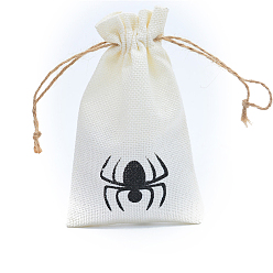 White Halloween Burlap Packing Pouches, Drawstring Bags, Rectangle with Spider Pattern, White, 15x10cm