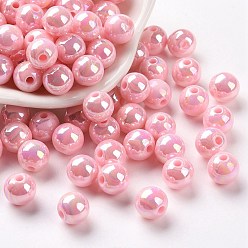 Rose Nacré Perles acryliques opaques, de couleur plaquée ab , ronde, perle rose, 8x7mm, Trou: 2mm, environ1745 pcs / 500 g