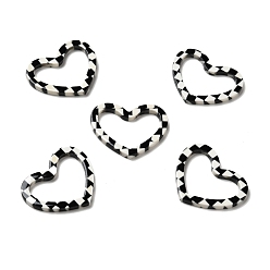 Black Acrylic Linking Rings, Heart with Tartan Pattern, Black & White, 23.5x29x2.5mm, Inner Diameter: 23x14mm