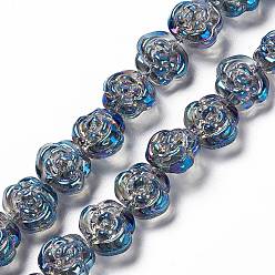 Steel Blue Electroplate Glass Beads Strands, Full Rainbow Plated, Rose, Steel Blue, 12.5x14x9mm, Hole: 1mm, about 55pcs/strand, 25.98''(66cm)