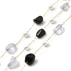 Blue Lace Agate Ion Plating(IP) 316 Surgical Stainless Steel Paperclip Chains, with Natural Blue Lace Agate & Black Agate Nuggets Beads and Glass Beads, Soldered, Real 18K Gold Plated, with Spool, Link: 2.5x1x0.5mm