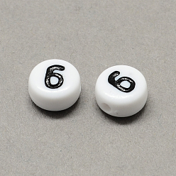 Number Acrylique blanc et noir, rond et plat avec num. 6, 7x4mm, trou: 1.3 mm, environ 3600 pcs / 500 g