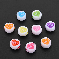 Mixed Color Craft Style Acrylic Beads, Flat Round with Heart & Word Love, Mixed Color, 9.5x5mm, Hole: 2mm, about 1230pcs/500g