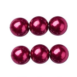 Cerise Eco-Friendly Glass Pearl Beads Strands, Grade A, Round, Dyed, Cotton Cord Threaded, Cerise, 10mm, Hole: 1.2~1.5mm, about 42pcs/strand, 15.7 inch