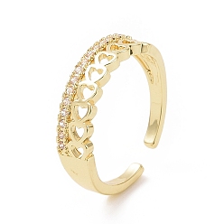 Oro Anillo de puño abierto de corazón hueco de circonita cúbica transparente, joyas de latón para mujer, dorado, diámetro interior: 16 mm