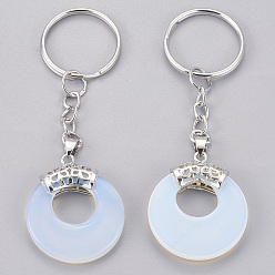 Opalite Porte-clés opalite, avec porte-clés en fer plaqué platine et découvertes en laiton, plat rond, 84mm