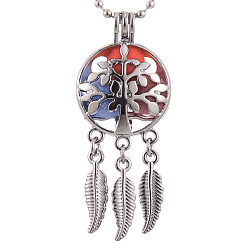 Platinum Alloy Diffuser Locket Pendants, with Tree of Life Pattern, Excluding Chain, Woven Net/Web with Feather, Platinum, 55x24mm