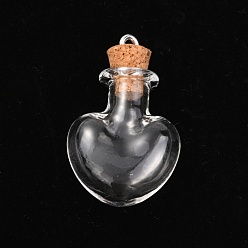 Clear Glass Bottle Pendants, with Soft Wooden Plug, Openable Bottle, Refillable Bottles, Heart, Clear, 35.5mm, Hole: 2.5mm