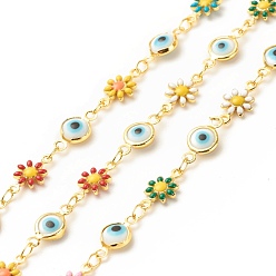 Colorful Enamel Flower and Glass Evil Eye Link Chain, with Brass Findings, Long-Lasting Plated, Soldered, with Spool, Colorful, 13x6.5x3mm, 13x7x2.5mm