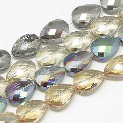 Mixed Color Electroplate Glass Beads Strands, Rainbow Plated, Faceted, teardrop, Mixed Color, 24~25x17~18x9mm, Hole: 1.5mm, about 30pcs/29.7 inch
