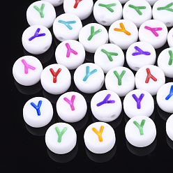Letter Y Perles acryliques initiales, trou horizontal, plat rond, couleur mixte, letter.y, 7x3.5~4mm, Trou: 1.2mm, environ3700 pcs / 500 g