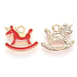 Red Alloy Enamel Pendants, Wooden Horse, Light Gold, Red, 13x16x1.5mm, Hole: 1.8mm